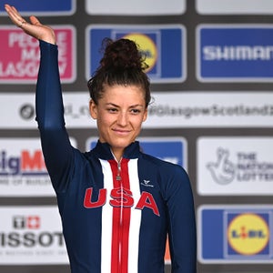 American cyclist Chloe Dygert celebrates winning the world title.