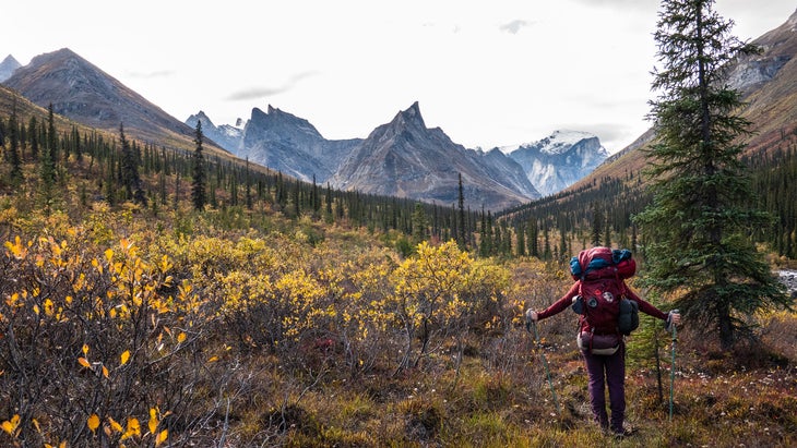 woman backpacking into the Arrigetch Peaks