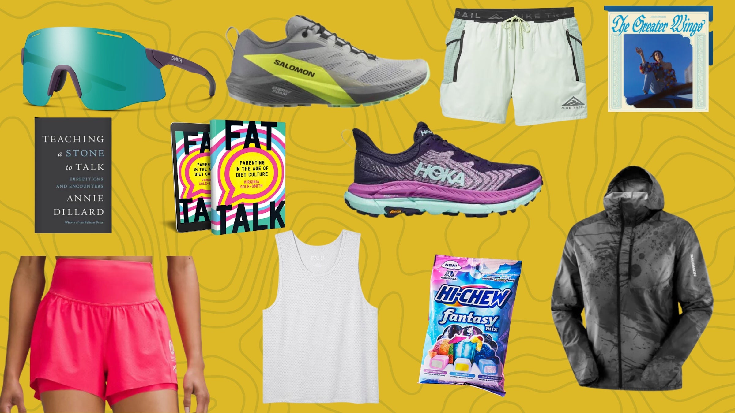 A collage of run editor gear choices on a yellow backdrop