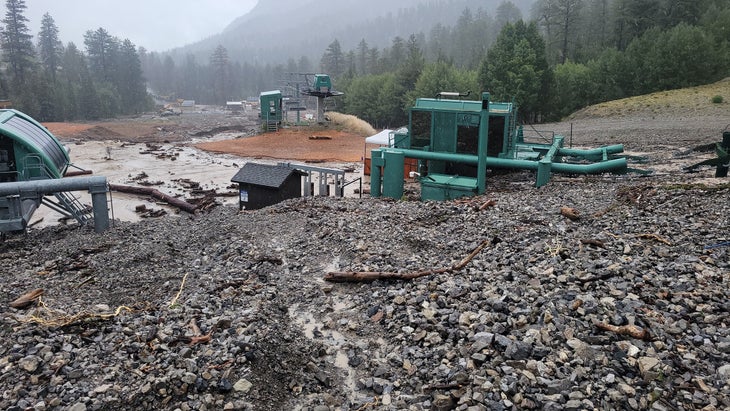 Rocks are piled high against a chairlift after a catastrophic landslide in Nevada