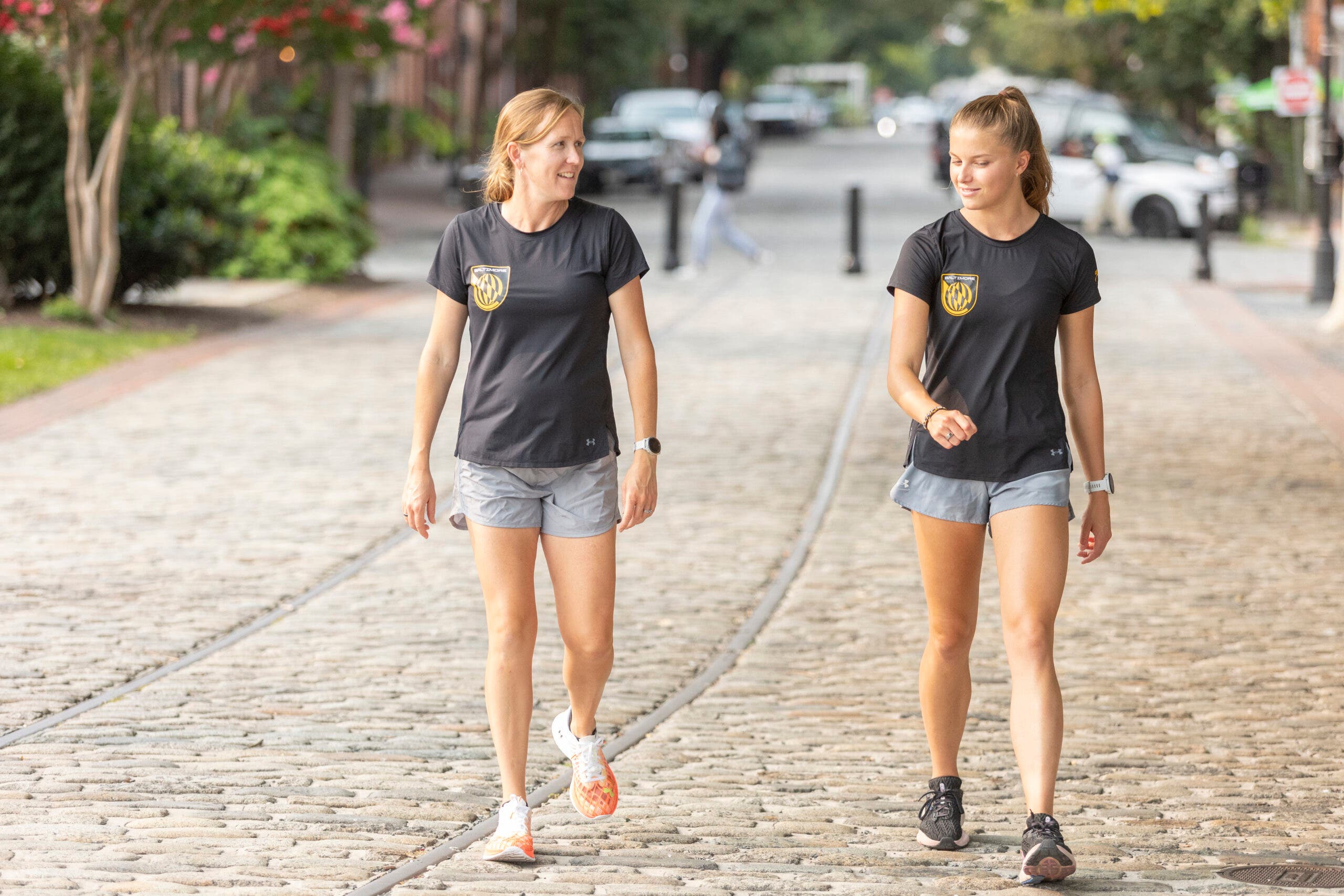 Under Armour coach Lara Rogers and athlete Ellie Leather go for a shakeout run in Baltimore