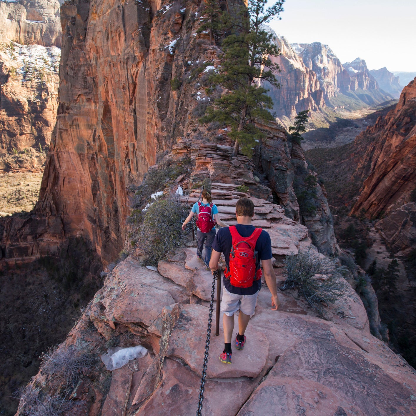 A group hikes Angels Landing in Zion National Park.