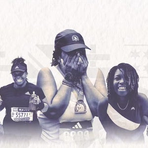 A title shot of a woman holding her face and smiling after finishing marathons