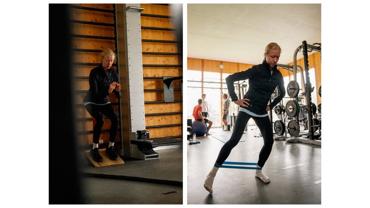 A two photo spread of a runner working out