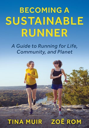 Cover of Becoming a Sustainable Runner, which two women run on a cliff with yellow lettering