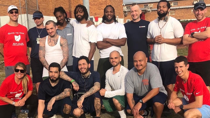 Large group of men in prison who run together