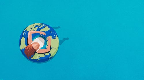 Illustration of person floating on inflatable tube styled like Earth