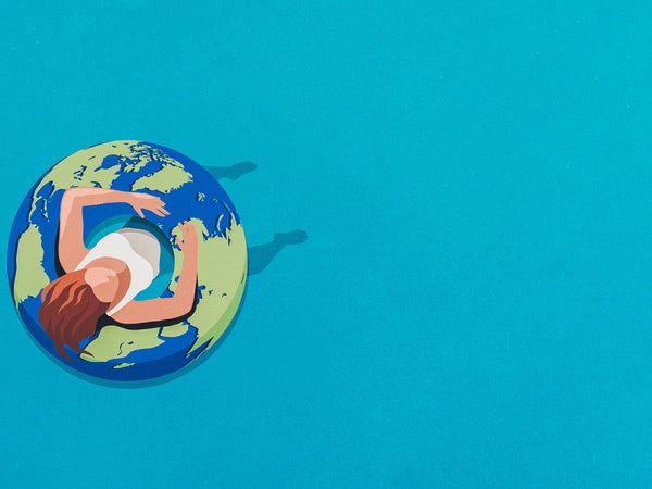Illustration of person floating on inflatable tube styled like Earth