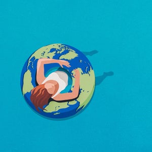 Illustration of person floating on inflatable tube styled like Earth