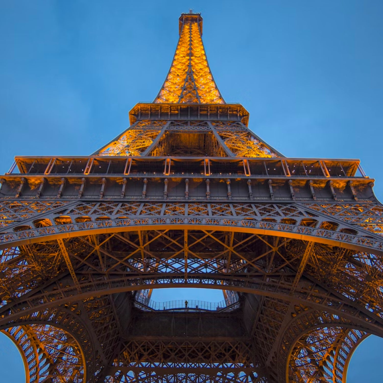 A view of the Eiffel Tower from below