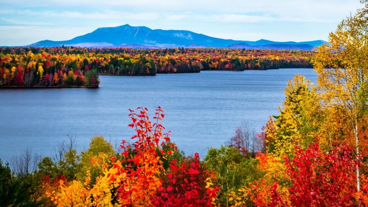 A panorama taking in Mount Katahdin in the distance, a blue pond, and vibrant-leafed hardwood trees
