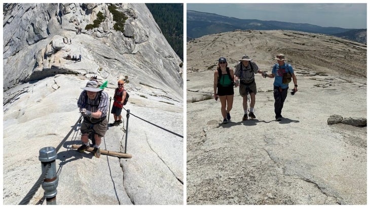 Left: Everett Kalin uses two parallel metal cables to hike up Half Dome. Right: The three Kalins walk together on Half Dome.