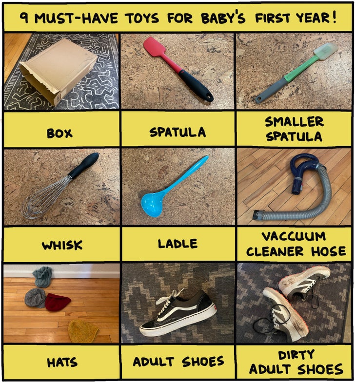 Illustration chart of must-have toys for a baby's first year (entirely composed of common household objects)
