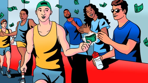 illustration of an athlete giving cash to someone handing them water