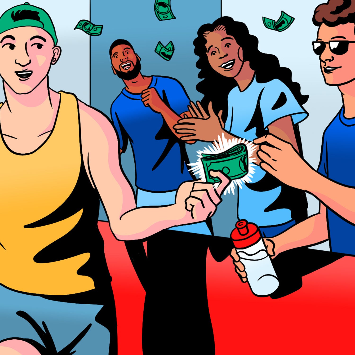 illustration of an athlete giving cash to someone handing them water