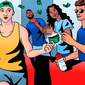 illustration of an athlete giving cash to someone handing them water