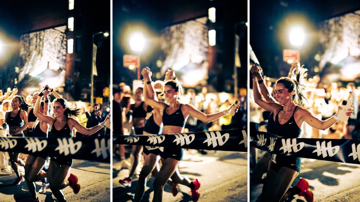 A triplet photo of a group of happy female participants getting to the finish line at night