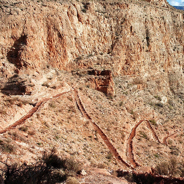 The South Kaibab trail drops down into the Grand Canyon.