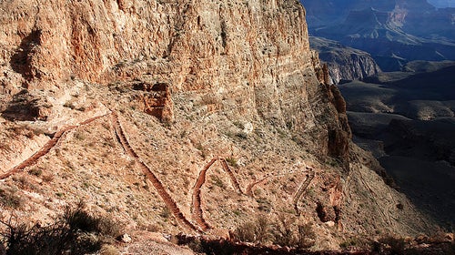 The South Kaibab trail drops down into the Grand Canyon.