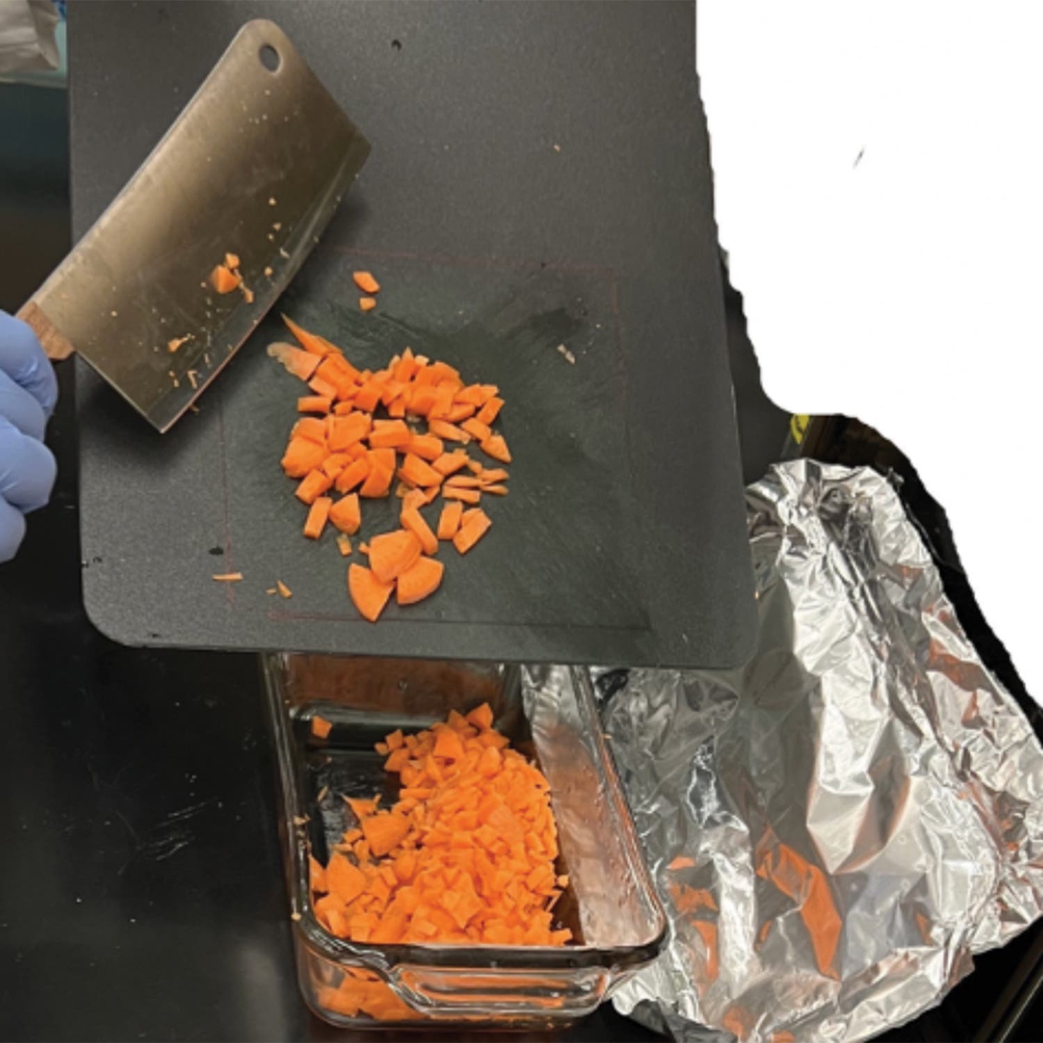 carrots being chopped on a plastic cutting board in the lab