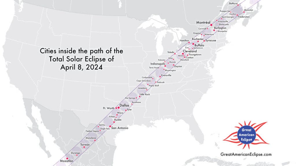 A map showing the cities within the path of totality for the April 2024 solar eclipse