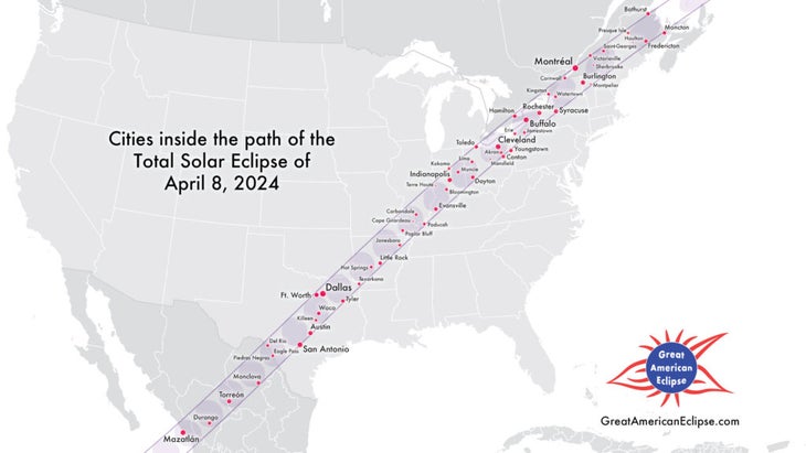 A map showing the cities within the path of totality for the April 2024 solar eclipse