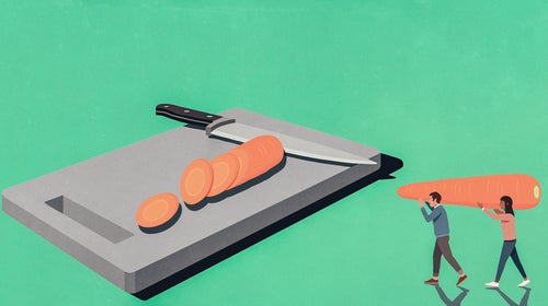 Illustration of two miniature people carrying a carrot to a cutting board