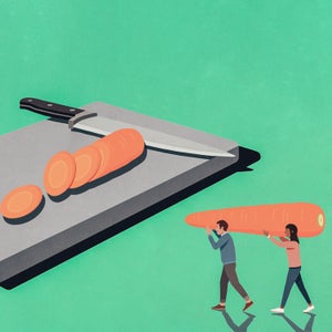 Illustration of two miniature people carrying a carrot to a cutting board