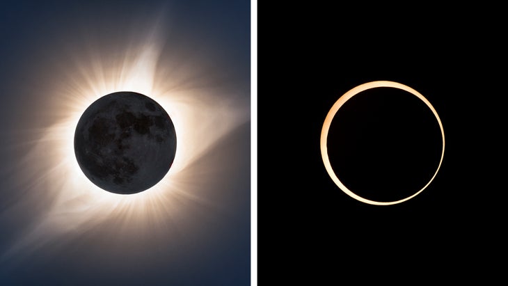 A total solar eclipse (left), with the sun's prominences visible; an annular eclipse, whose “ring of fire” is the highlight