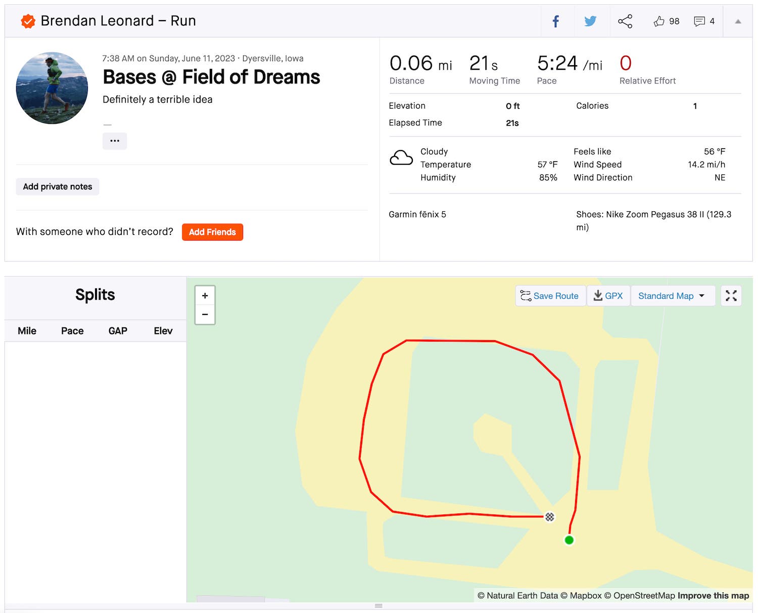 Field of Dreams Strava run