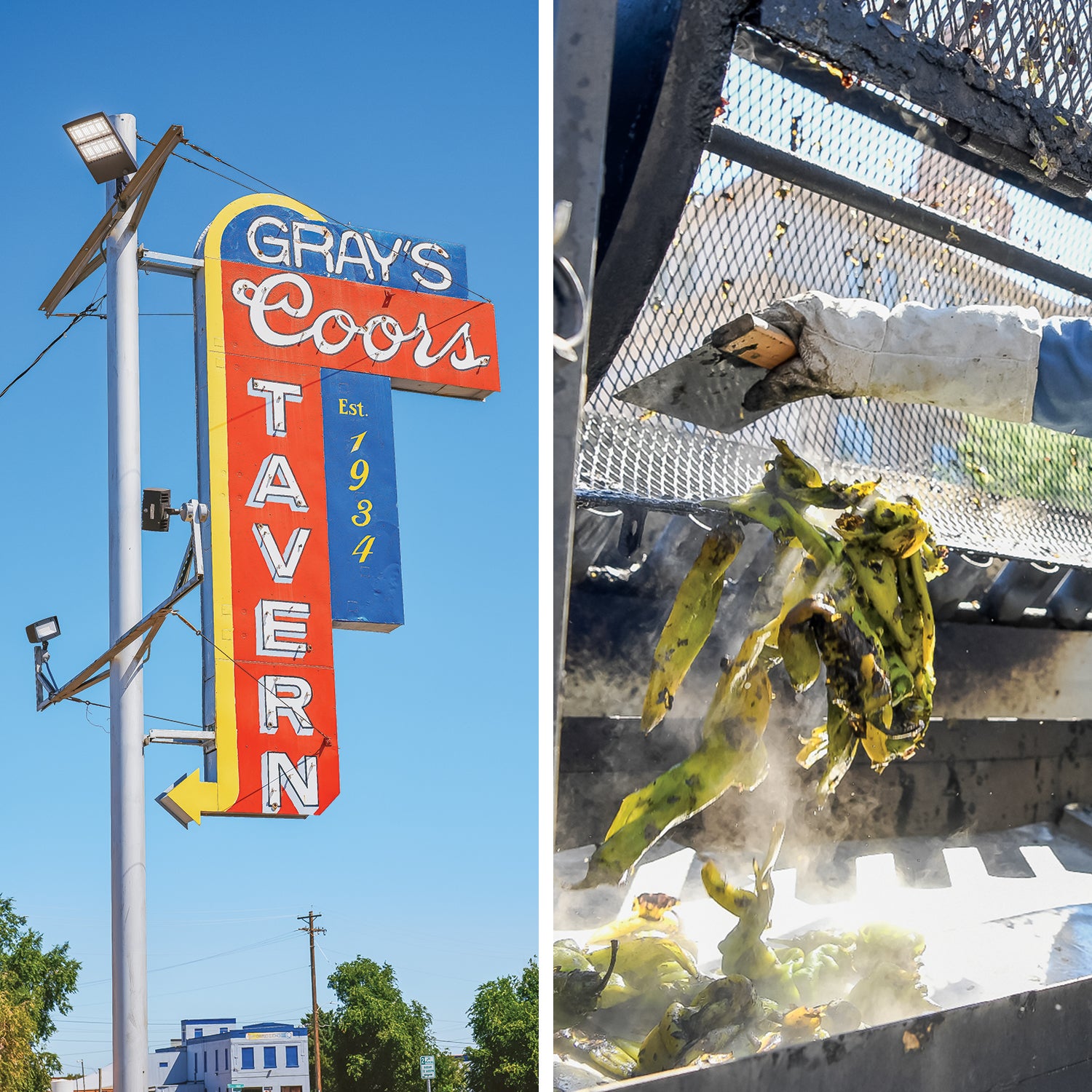 Gray’s Coors Tavern (left), birthplace of the Pueblo slopper; A roaster at the Pueblo Chile and Frijoles Festival