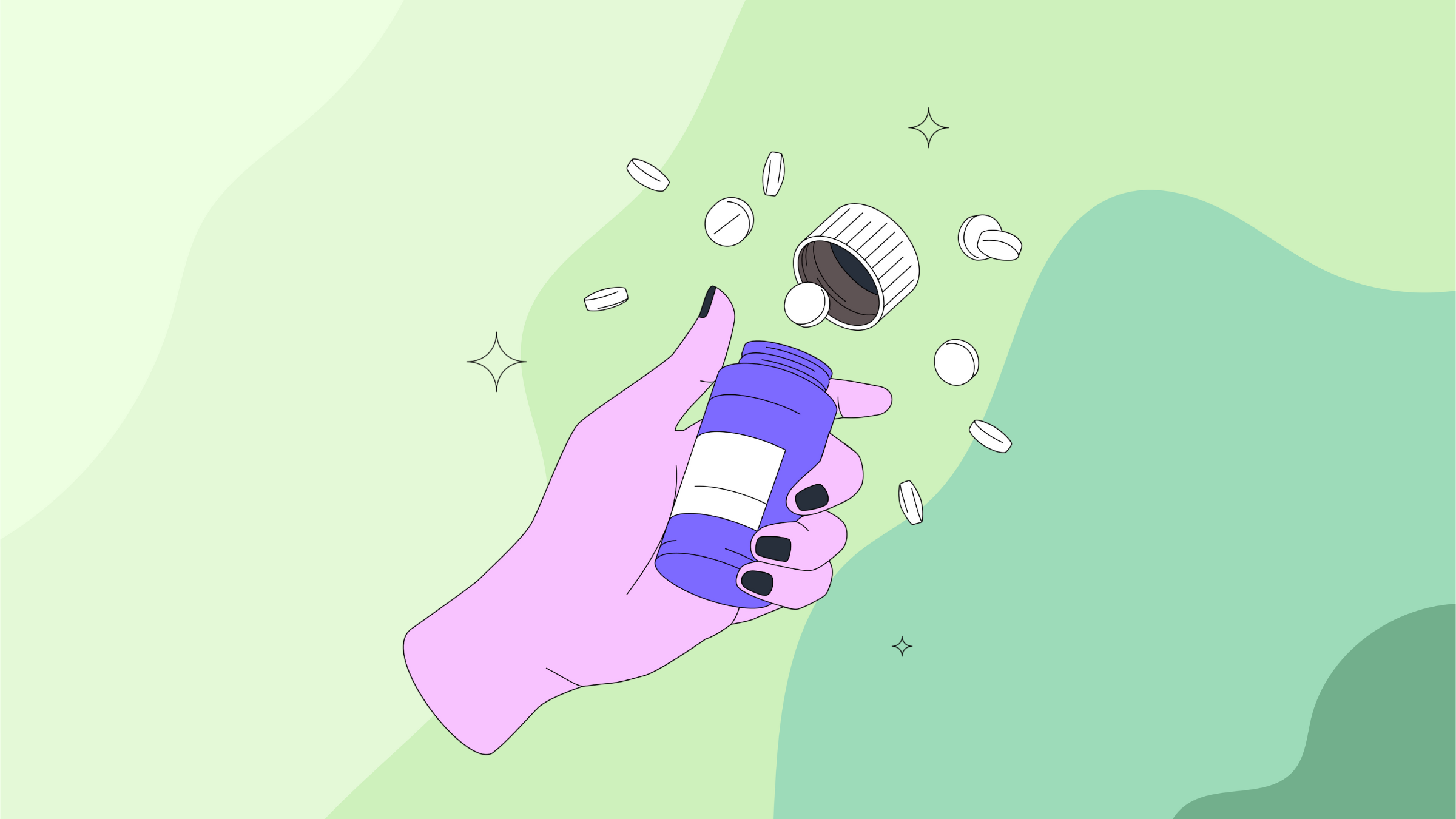 Female hand opening pills bottle. Orange pill container with scattering white tablets over a green background.