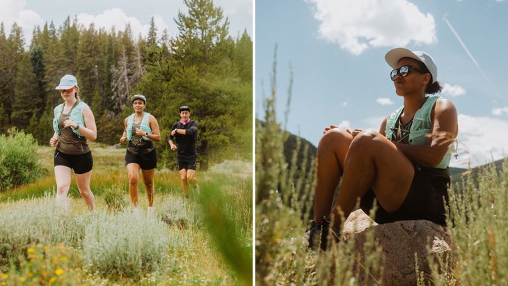 Three people run a trail and on the right photo a woman takes a rest