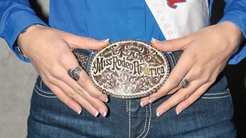 Close-up of Miss Rodeo America belt buckle