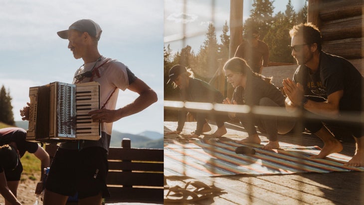 On left a man plays an accordian, on the right, a group does yoga on a deck