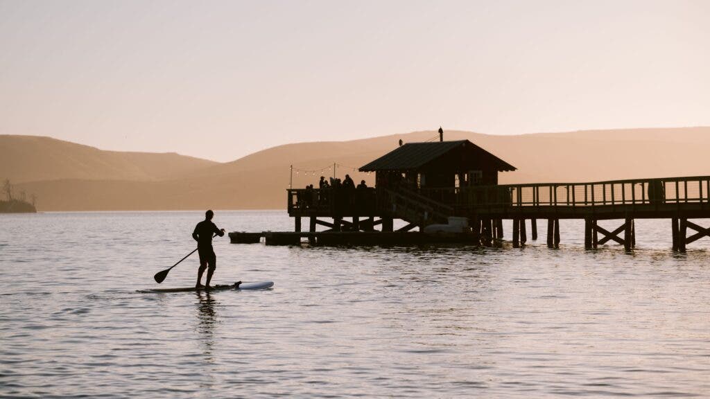 A paddle boarder at dusk on Tomales Bay, with the boat shack nearby