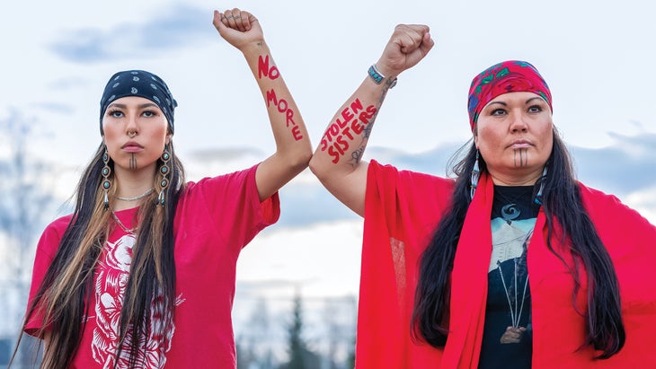 Quannah ChasingHorse (left) and her mother, Jody Potts-Joseph, at No More Stolen Sisters, a day of awareness for missing and murdered Indigenous women and girls
