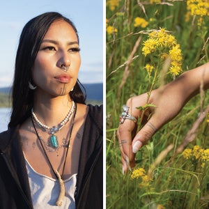 Quannah Chasinghorse portrait, side-by-side with an image of her hand reaching for a flower