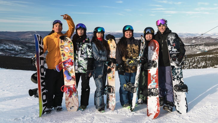 Quannah and Jody at a free Native Youth Outdoors snowboarding clinic near Fairbanks, Alaska