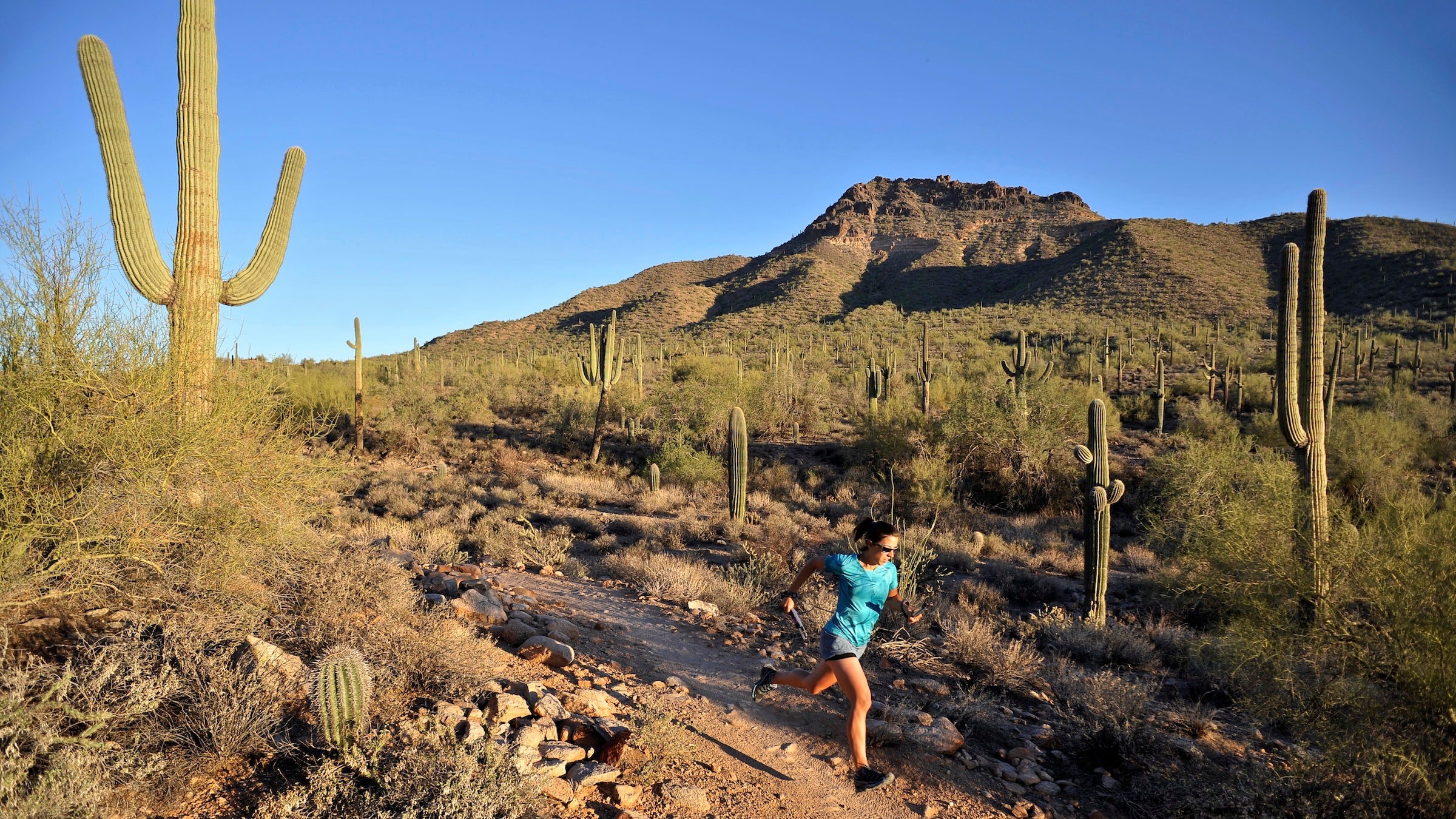 Woman runs in a blue shirt in the desert with a cactus behind her
