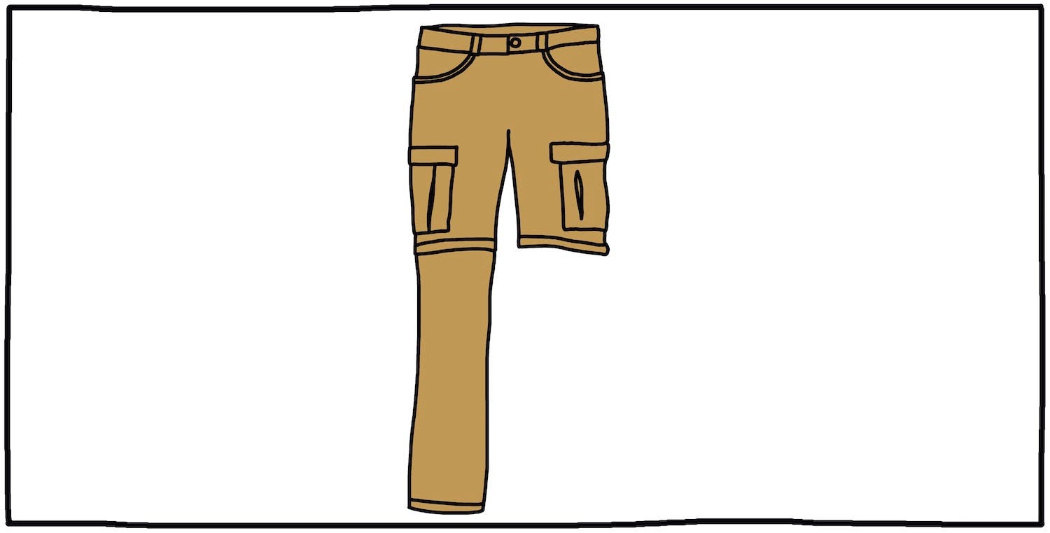 Illustration of zip off pants with missing leg
