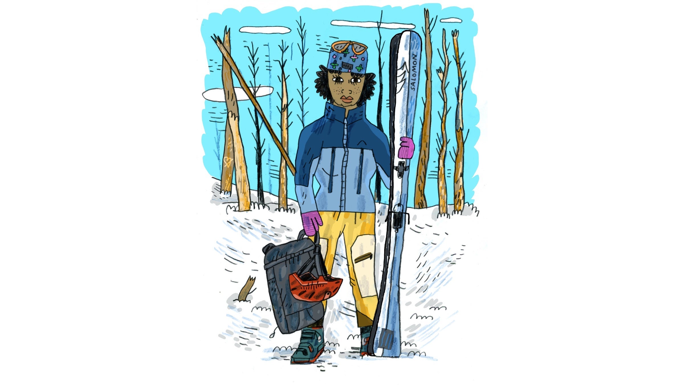 Illustration of a woman posing with backcountry ski gear surrounded by snow and trees