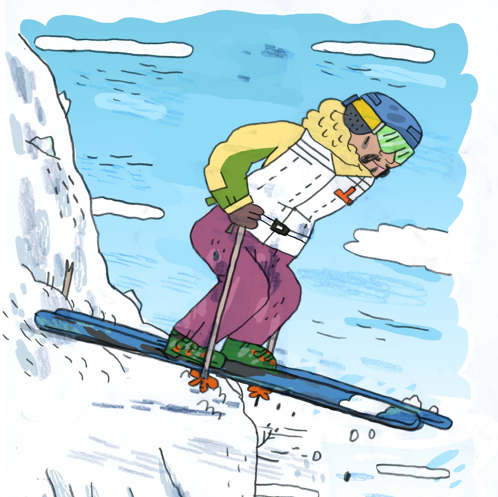 Illustration of a male skier caricature standing on skis on the edge of a cliff