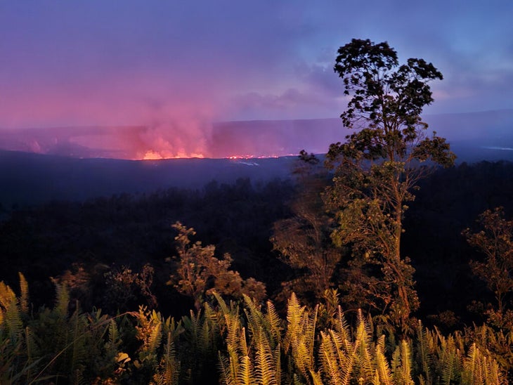 Kilauea volcano erupting at twilight.