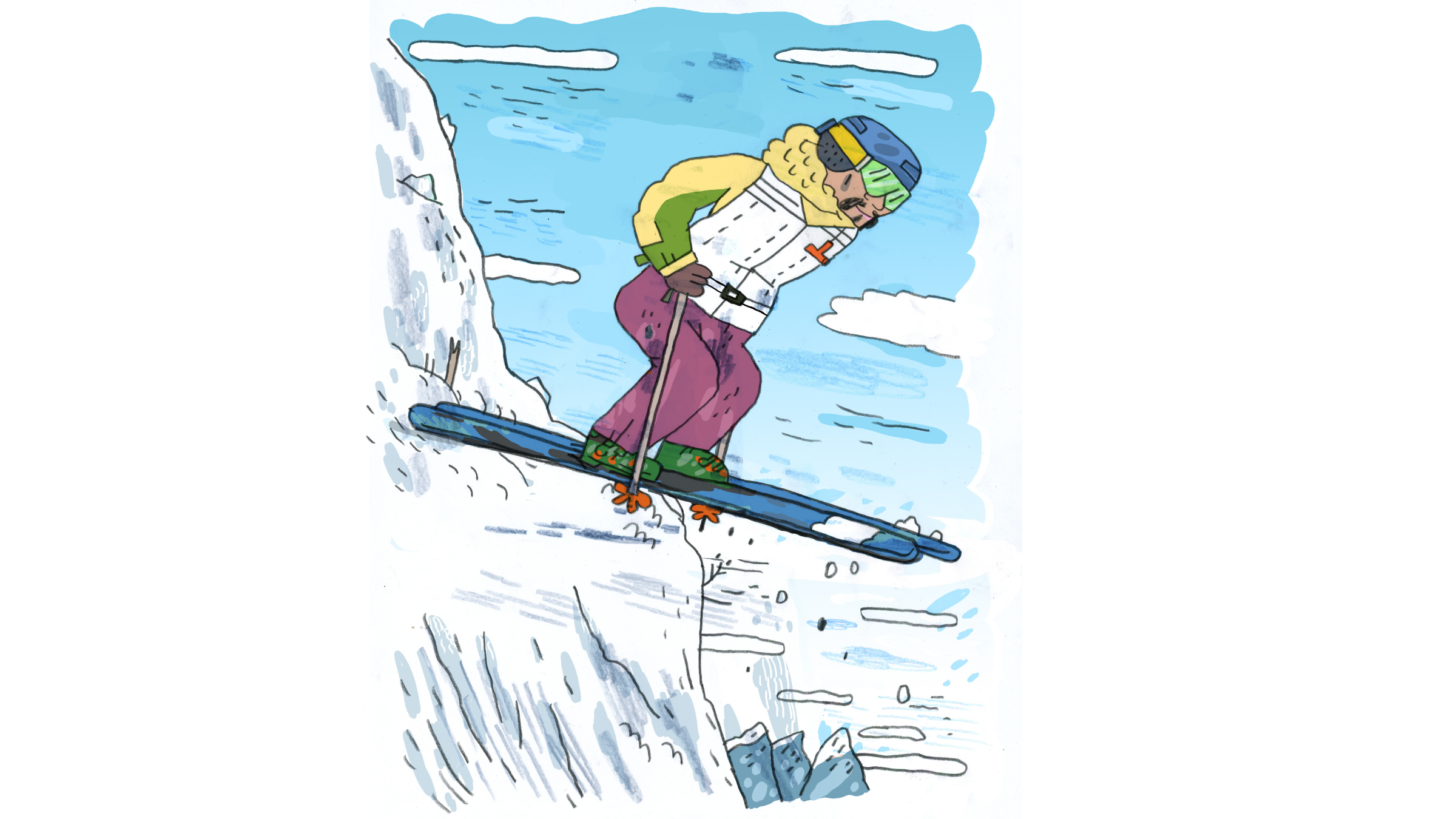 Illustration of a male skier caricature standing on skis on the edge of a cliff