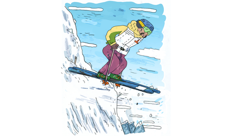 Illustration of a male skier caricature standing on skis on the edge of a cliff