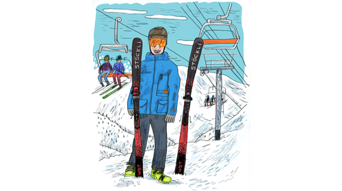 Illustration of a male skier standing on ski slope with skis standing in snow next to him