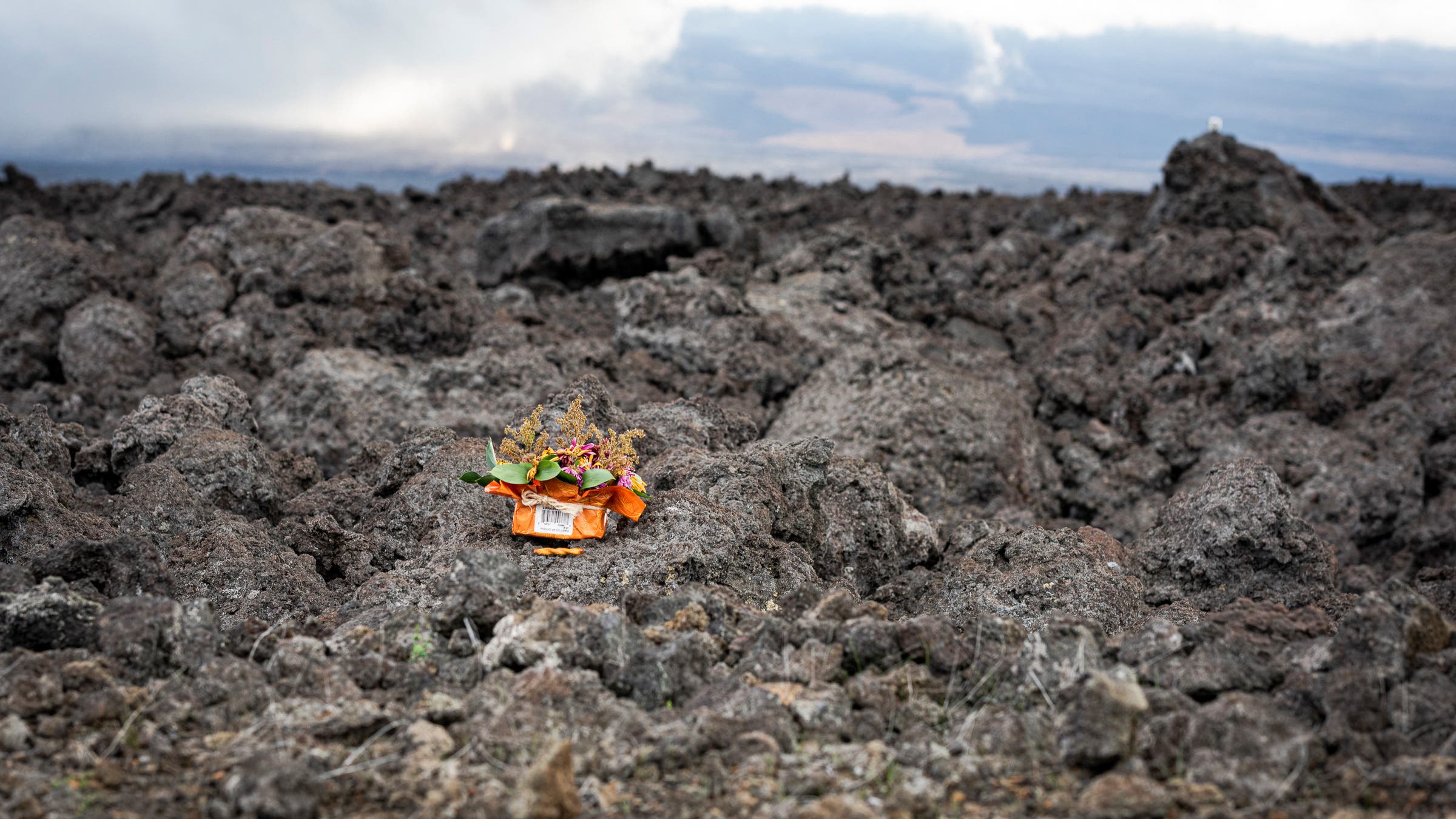 An offering to goddess Pele in lava rocks near Volcanoes National Park.