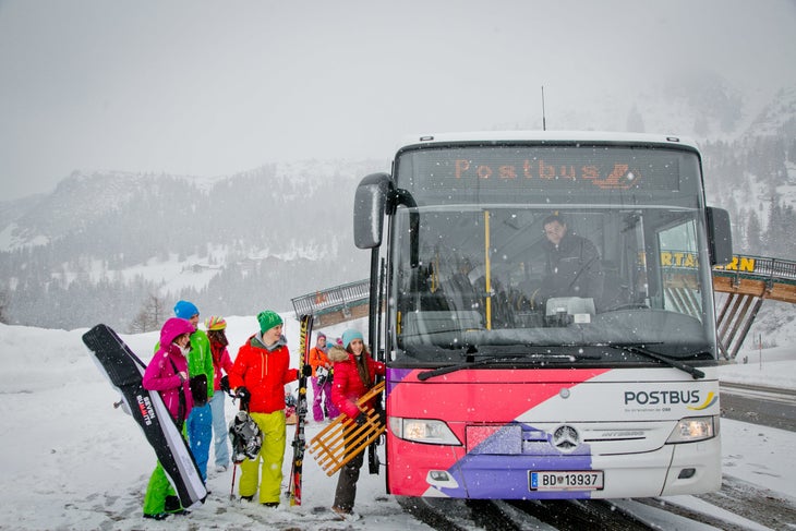 public bus in Austria, skiing