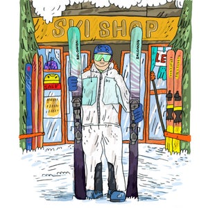 Illustration of a female skier standing outside of a ski shop holding up new skis